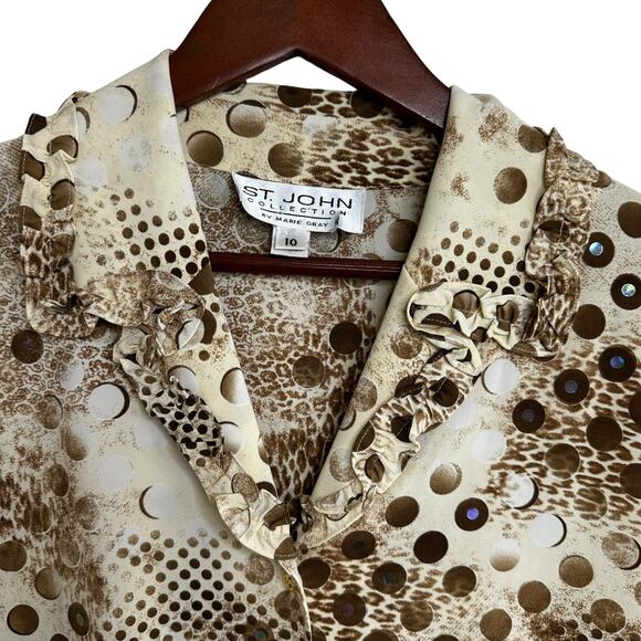 St. John Collection Blouse Sz 10 Ruffled Collar 3/4 Sleeve Marie Gray Embellish - Picture 4 of 16